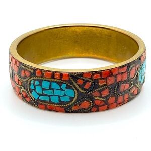 Vtg Tibetan Red Coral Turquoise Chips Boho Brass Bangle 8” C / 2.6” D / .9” W